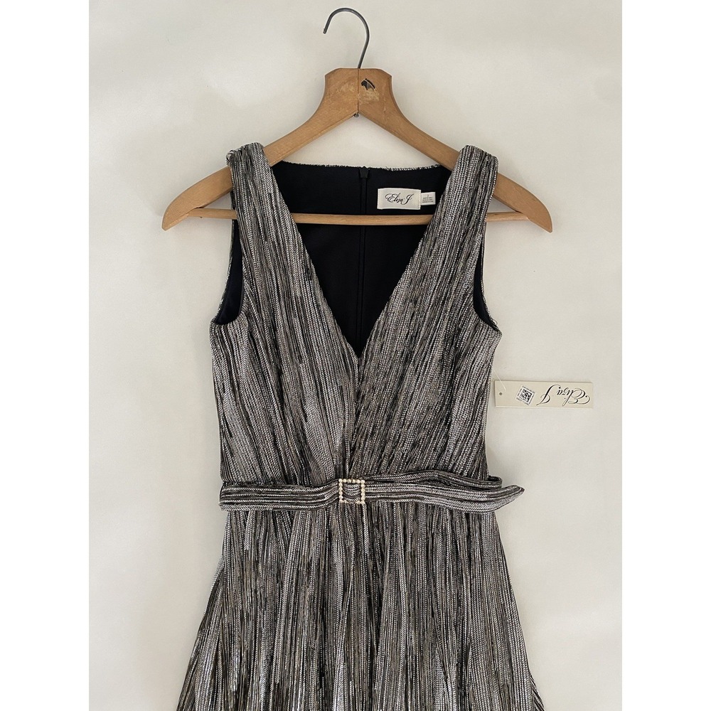 Eliza‎ J Gold Silver Metallic Gown Dress 2 Belted Sleeveless Event Gala Formal
